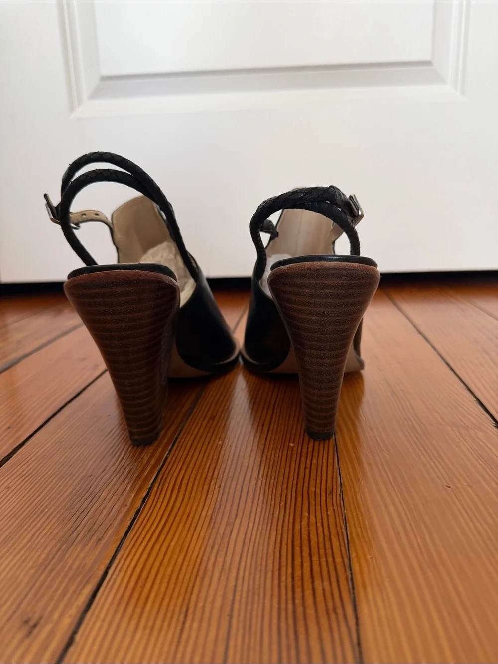 Clarks Black Leather Peep-Toe Slingback Block Heels